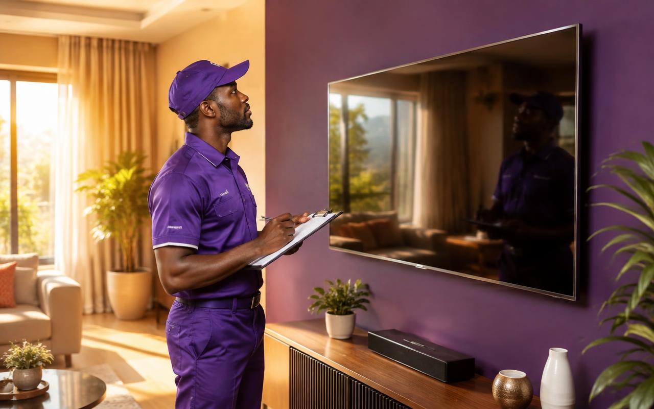 Engineer performing an annual maintenance inspection on a smart TV