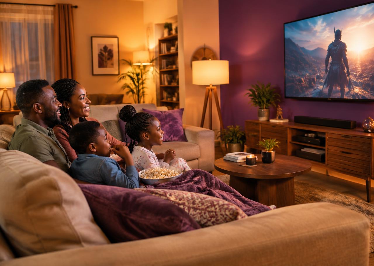 Happy family enjoying a protected movie night