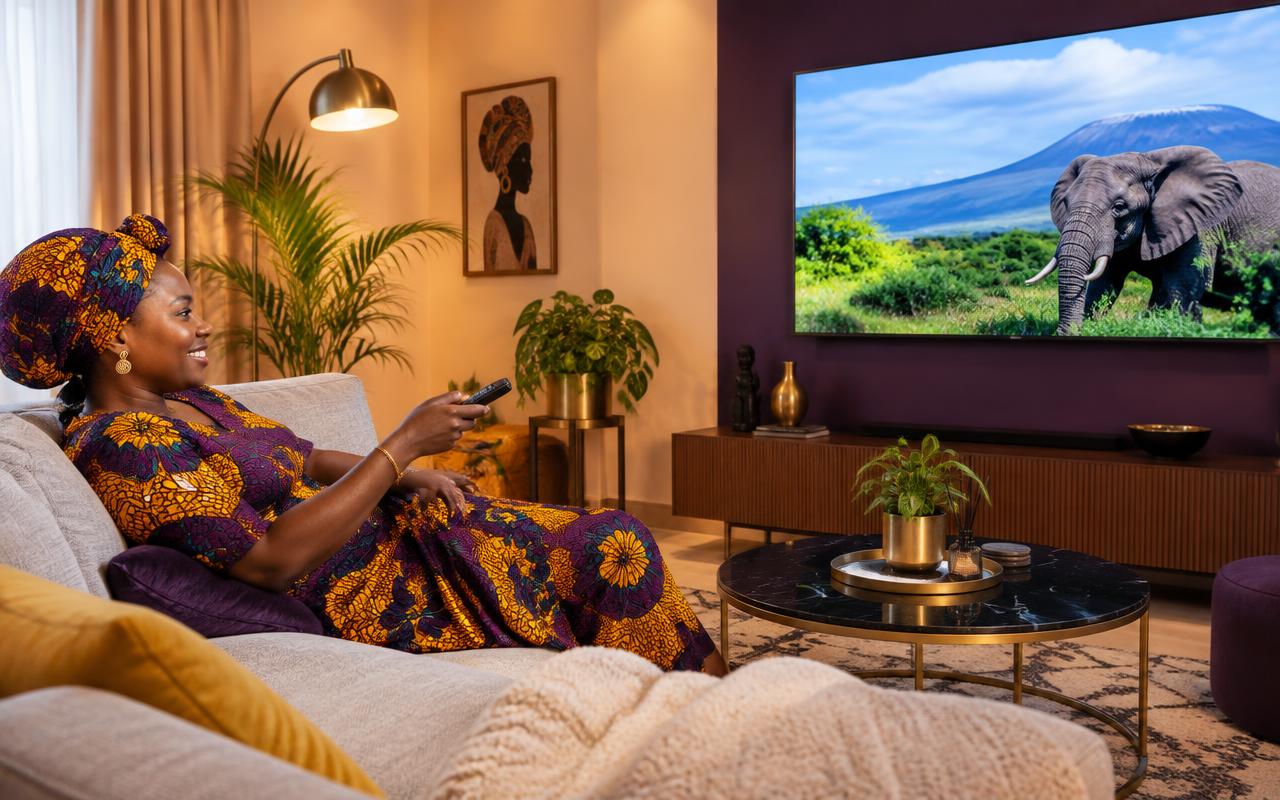 Woman relaxing on her sofa watching a protected smart TV