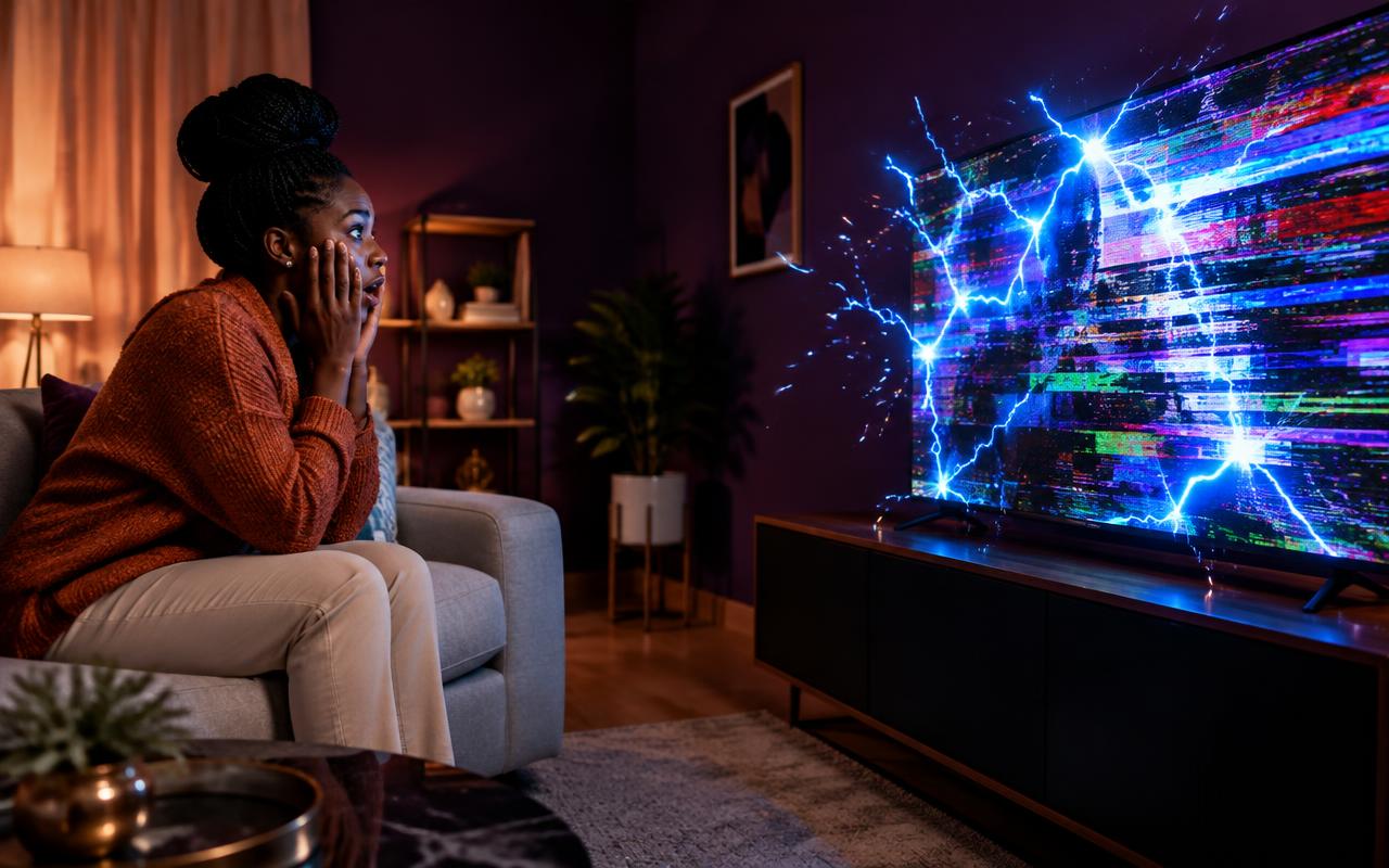 Shocked woman watching a TV struck by a power surge
