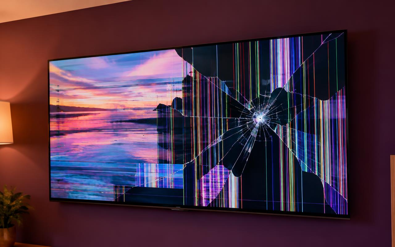 TV with a cracked screen and colourful glitch lines